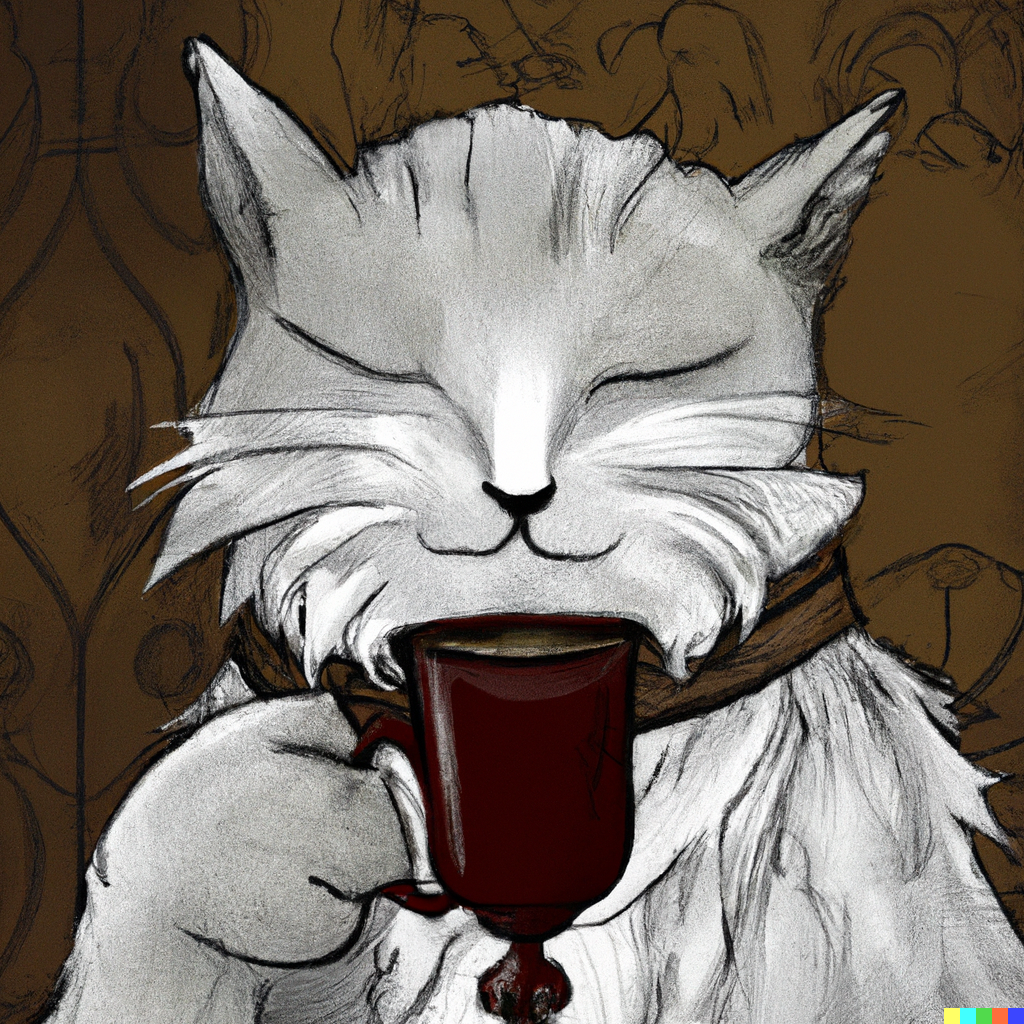 DALL·E Illustration : a cat enjoying a cup of tea, gothic