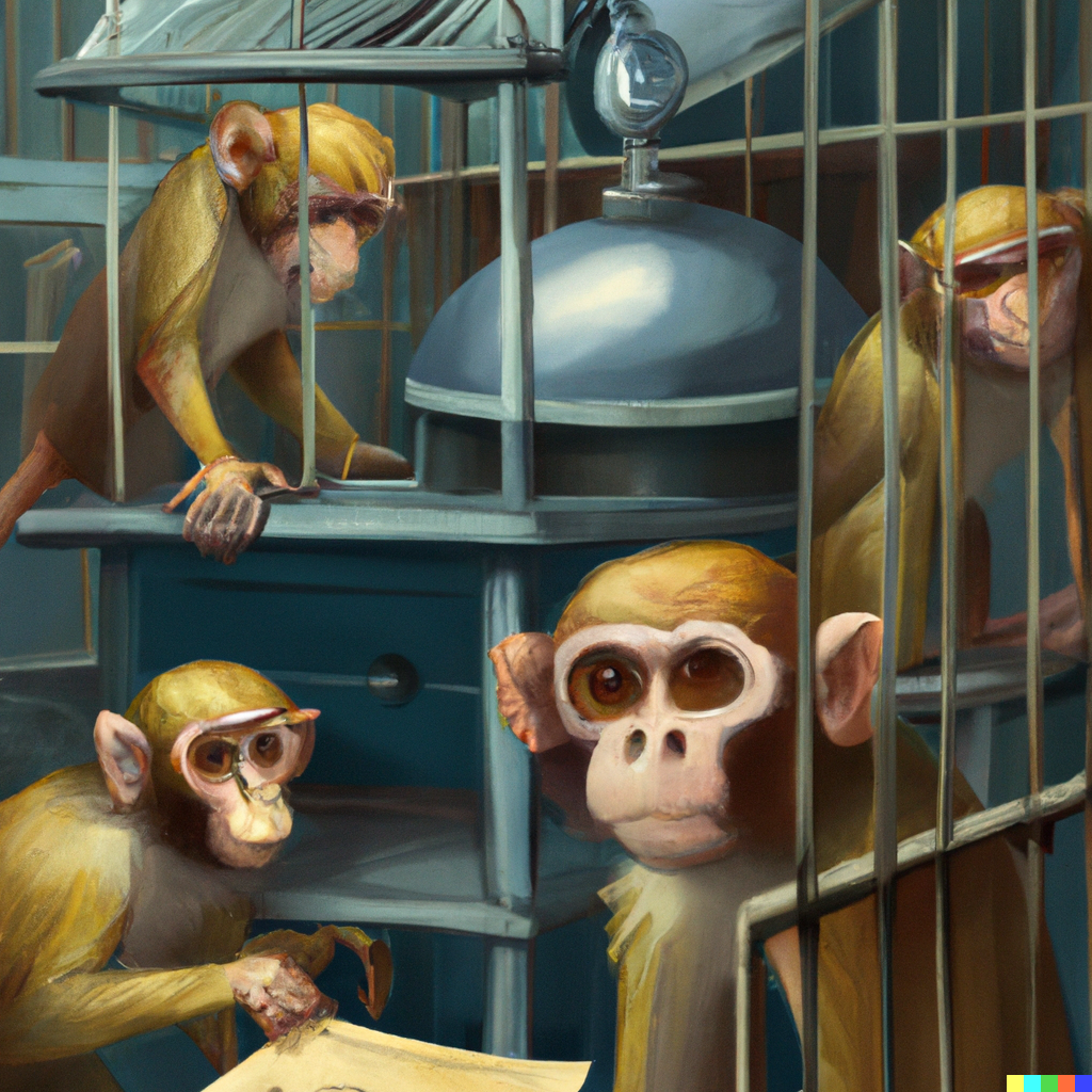 DALL·E Illustration : a lab with multiple monkeys in cage, digital art