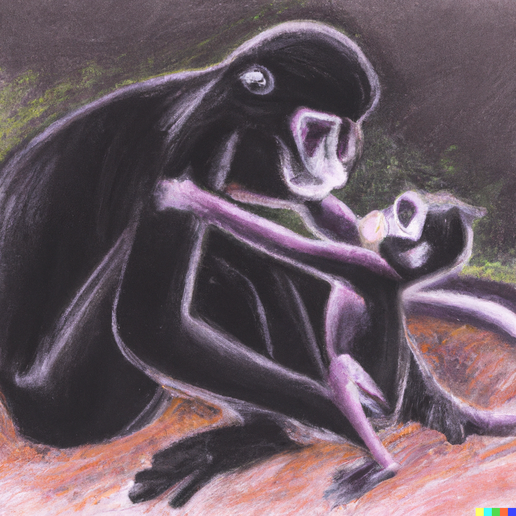 DALL·E Illustration : black mother monkey playing with a baby monkey, pastel drawing