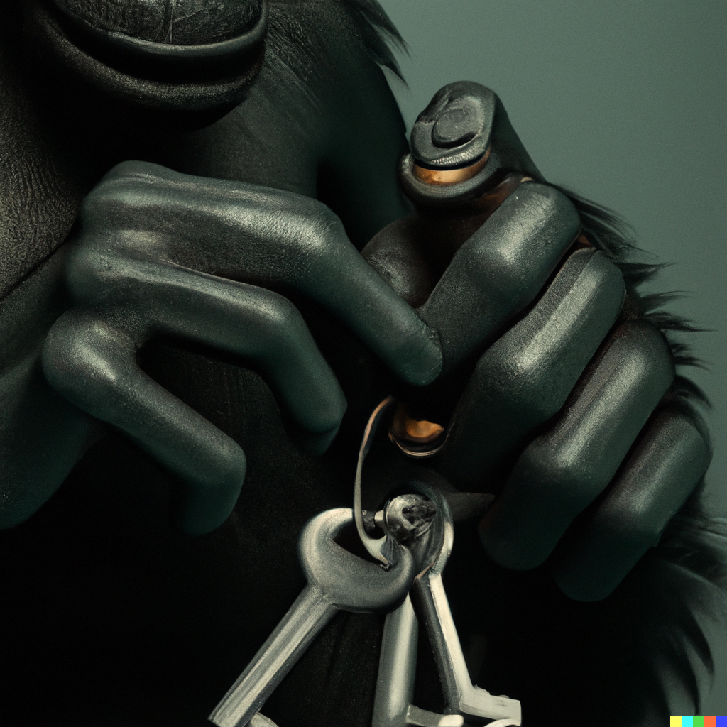 DALL·E Illustration : closeup of an ape hand holding keys, digital art