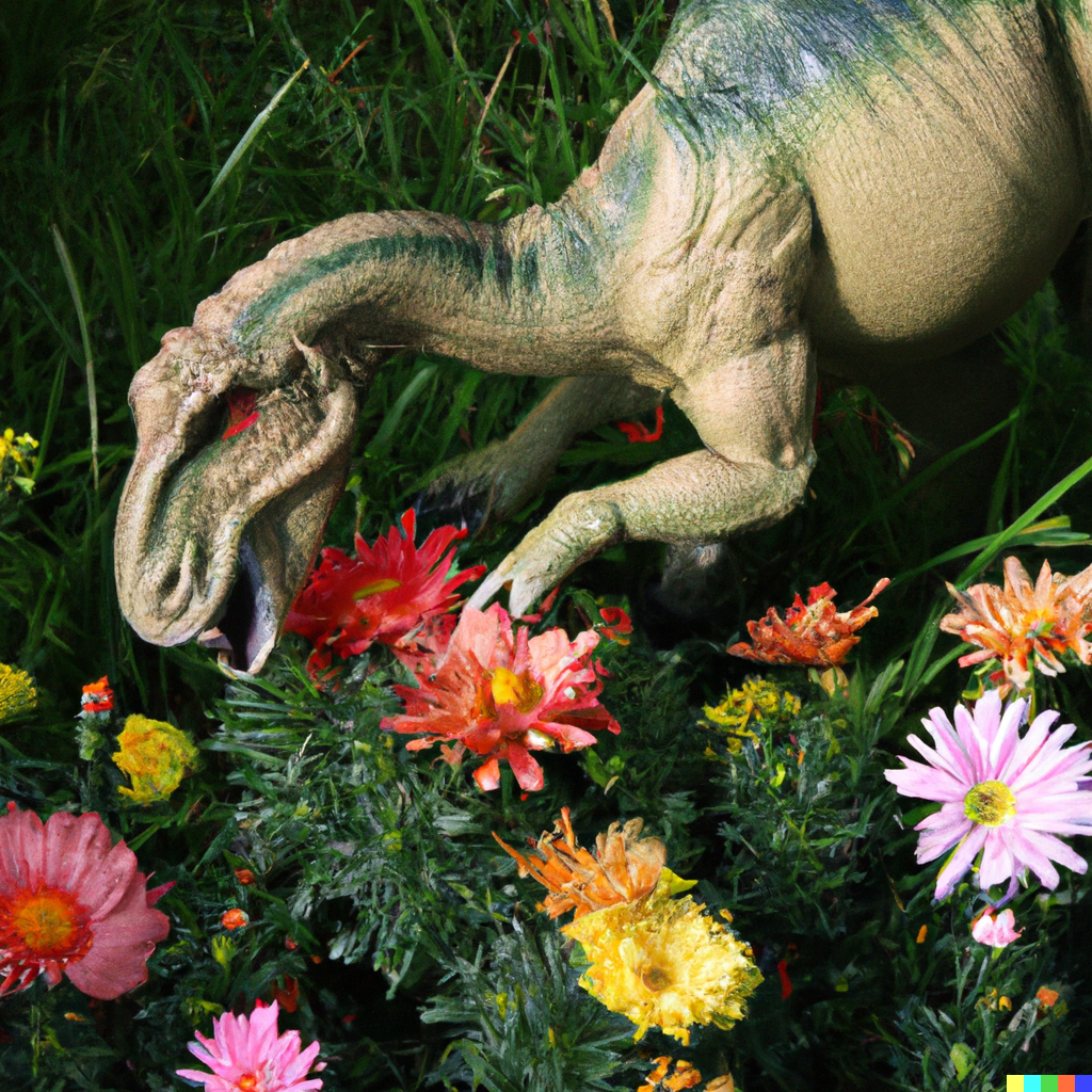 DALL·E Illustration : dinosaur plucking flowers from garden, realistic