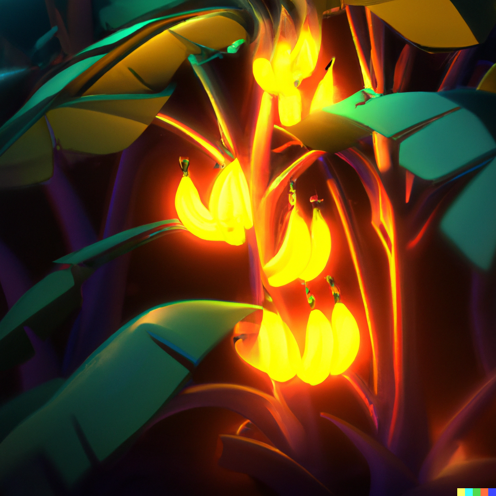 DALL·E Illustration : glowing bananas on a tree, digital art