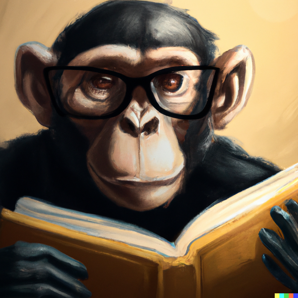 DALL·E Illustration : handsome black monkey with glasses reading a book, digital art