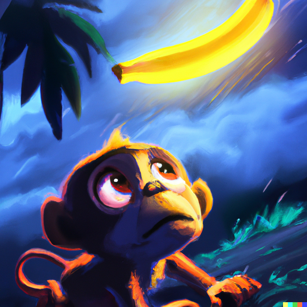 DALL·E Illustration : little monkey seeing a glowing banana in sky, digital art