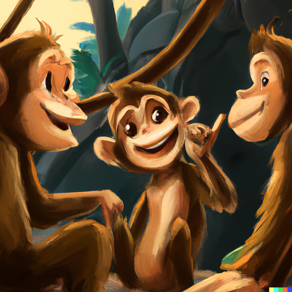 DALL·E Illustration : little monkey telling his friends about banana, digital art