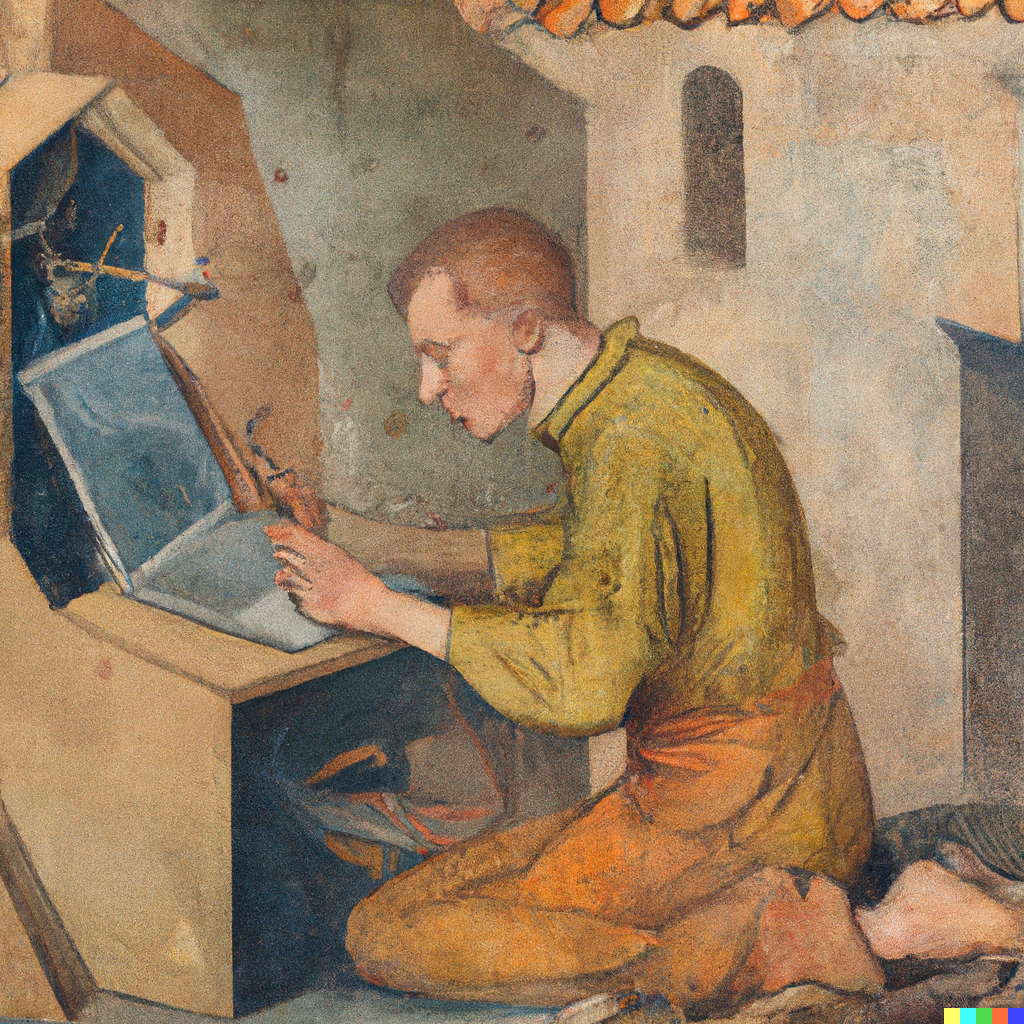 DALL·E Illustration : man fixing a computer, medieval painting