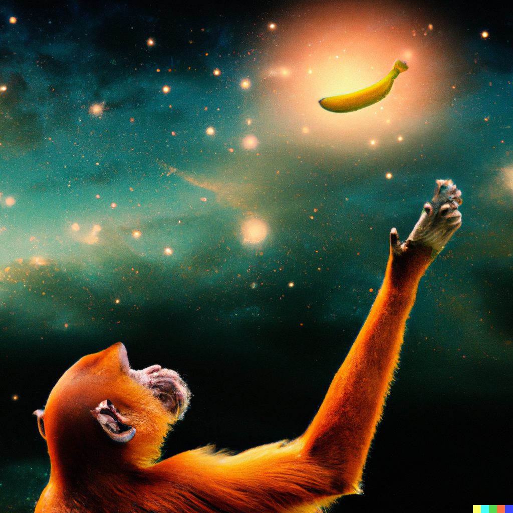 DALL·E Illustration : monkey looking at glowing banana in the sky, cover art