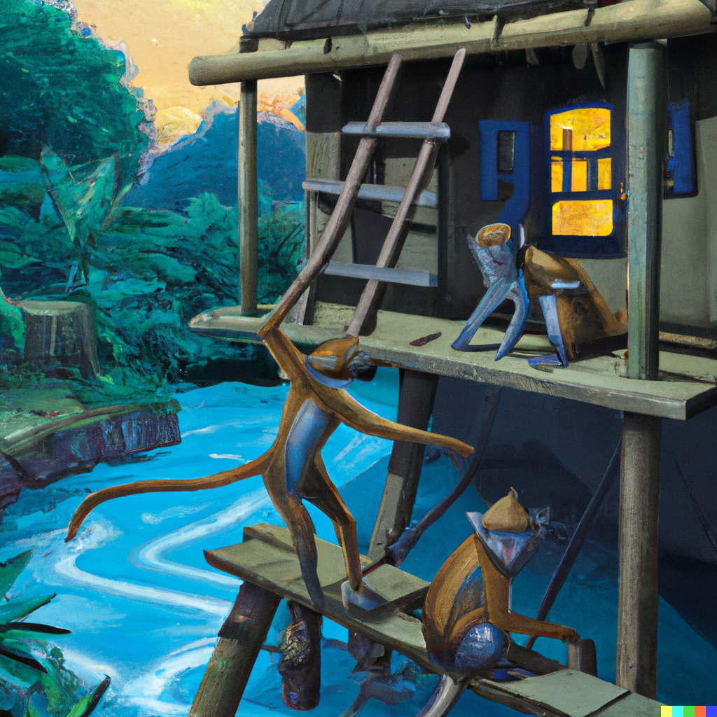 DALL·E Illustration : monkeys building a house near river, digital art