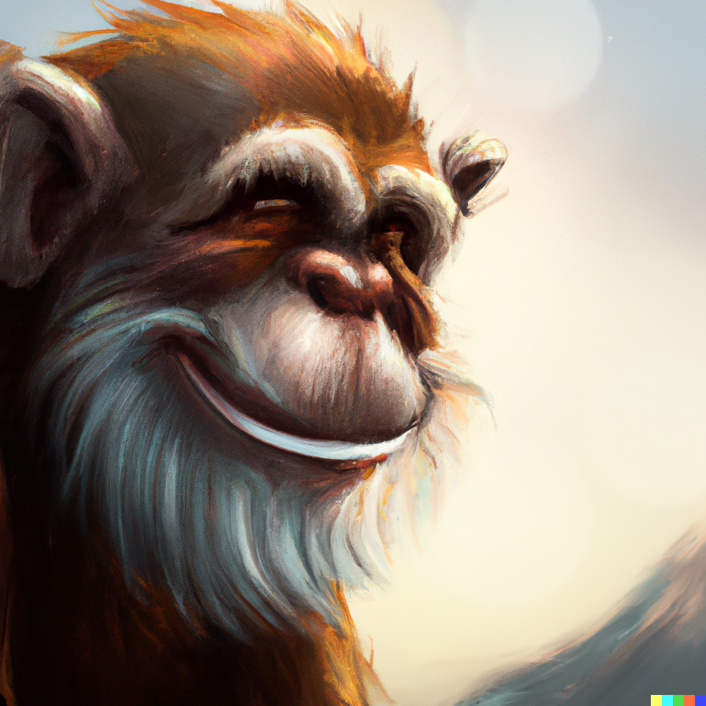 DALL·E Illustration : old wise monkey smiling, digital art