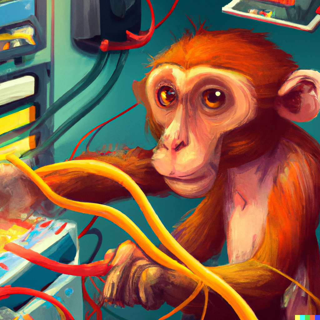 DALL·E Illustration : red monkey cutting wires under a control panel, digital art