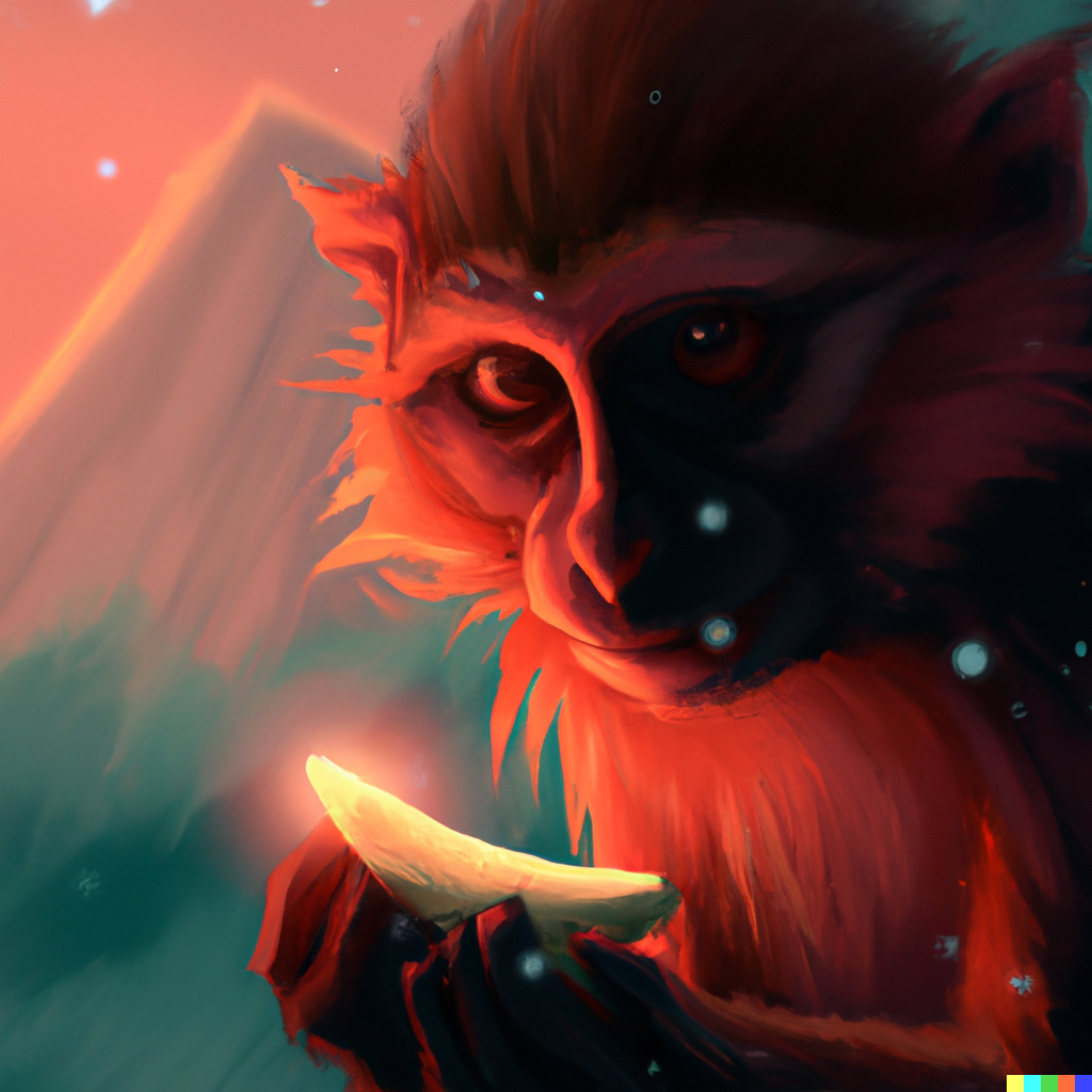 DALL·E Illustration : red monkey eating a glowing banana, digital art