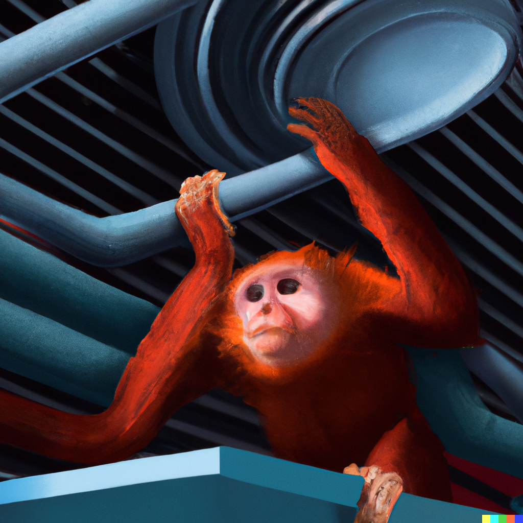 DALL·E Illustration : red monkey examining an air duct in ceiling, digital art