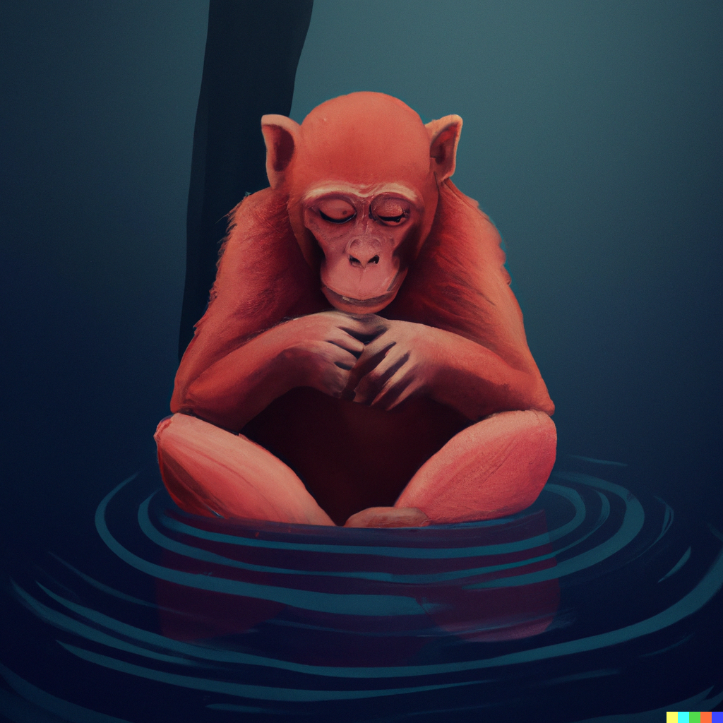 DALL·E Illustration : red monkey meditating inside water, digital art